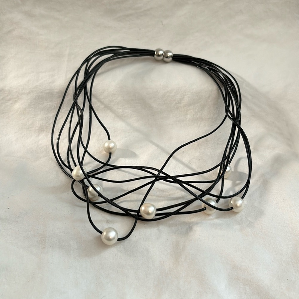 Black Leather and Faux White Pearl chocker